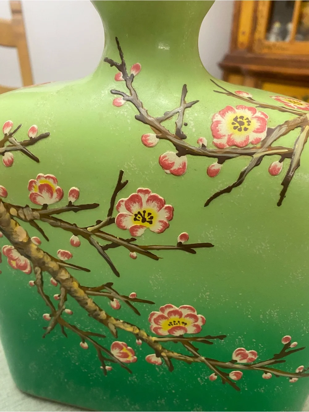 Green Ombre Floral Porcelain Hand-painted Vase with Cherry Blossom Branch Motif